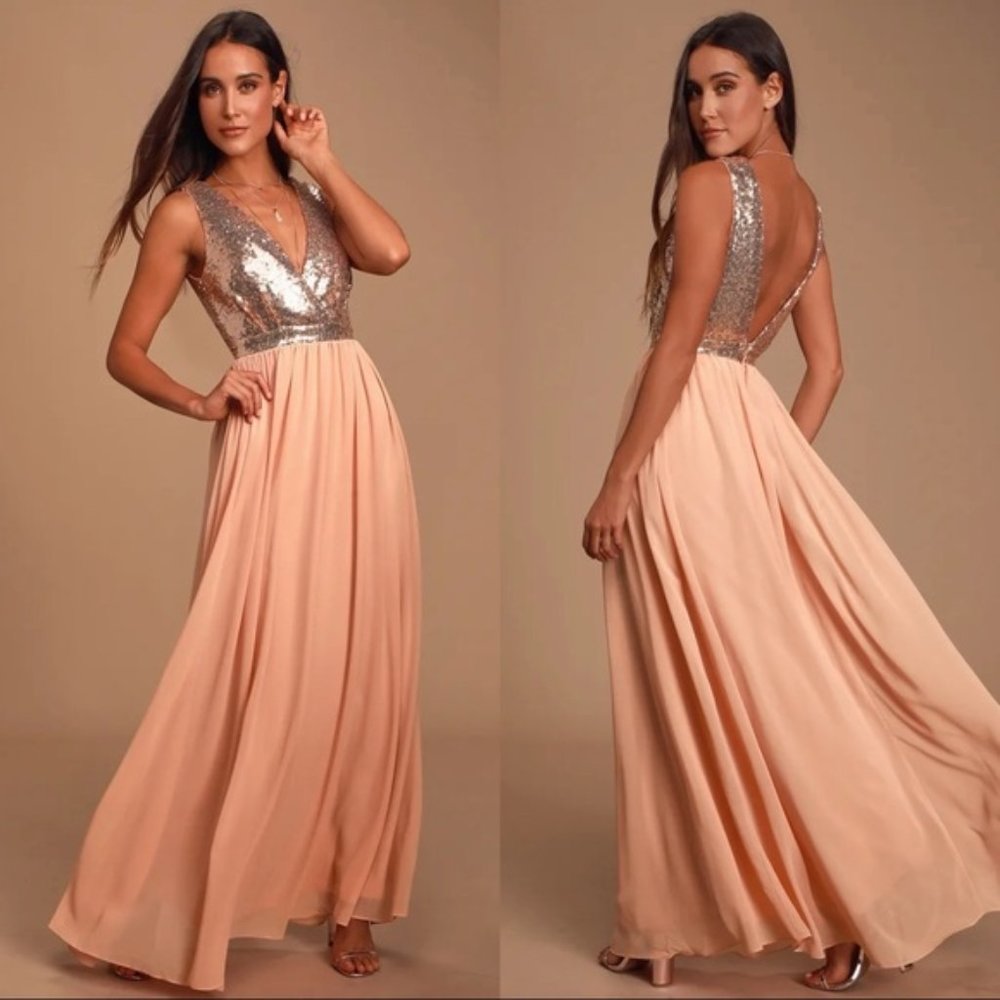 Lulu's Rose Gold Elegant Encounter Maxi Dress